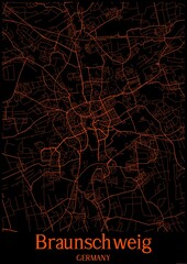 Black and orange halloween map of Braunschweig Germany.This map contains geographic lines for main and secondary roads.