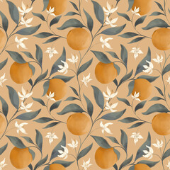 Fruit orange on a tree, leaves and flowers in the technique of cozy wax gouache and watercolor. Print for textile, fabric, stationery, packaging