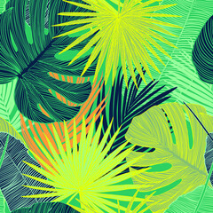 seamless vector bright coloristic juicy tropical exotic patterns with tropical banana leaves and yreka and monstera. Vibrant colors and prints for surface design