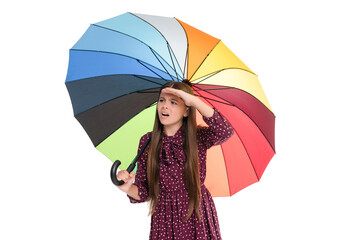 fall fashion accessory. stylish teen girl. confused child hold colorful parasol.