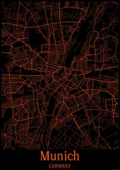 Naklejka premium Black and orange halloween map of Munich Germany.This map contains geographic lines for main and secondary roads.
