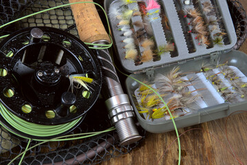 close-up dry fly fishing tackle and accessories