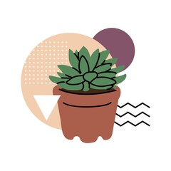 Abstract composition with plant and Memphis style elements. Succulents and cactus, small decorative plants. Vector illustration for website or plant shop. Isolated element on white background.
