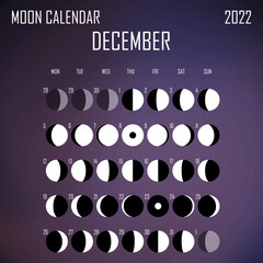 December 2022 Moon calendar. Astrological calendar design. planner. Place for stickers. Month cycle planner mockup. Isolated color liquid background