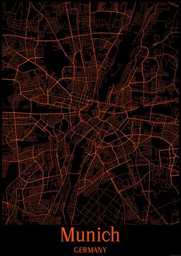Black and orange halloween map of Munich Germany.This map contains geographic lines for main and secondary roads.