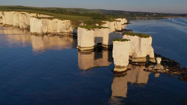 Aerial of Old Harry Rocks near Studland Bay on the Jurassic Coast, UNESCO World Heritage Site, Dorset, England