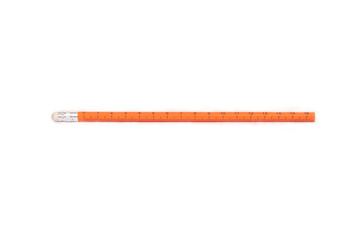 Photo of orange plain pencil with ruler and eraser isolated on white background with free space for text