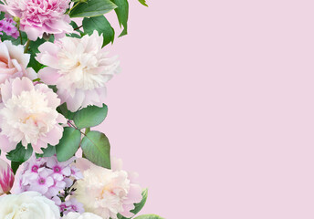 Fototapeta na wymiar Floral banner, header with copy space. White peony and flox isolated on pink background. Natural flowers wallpaper or greeting card.