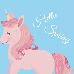 Digitally generated image of hello spring text banner and unicorn icon against blue background