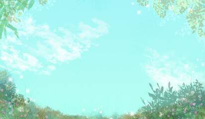 森の中の見晴らしの開けた場所からの広い空の眺め背景イラスト・青空に白い雲の自然でさわやかなトーン