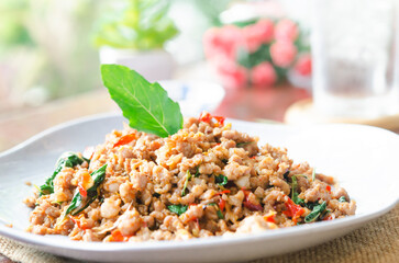 Stir fried Thai basil with minced pork.