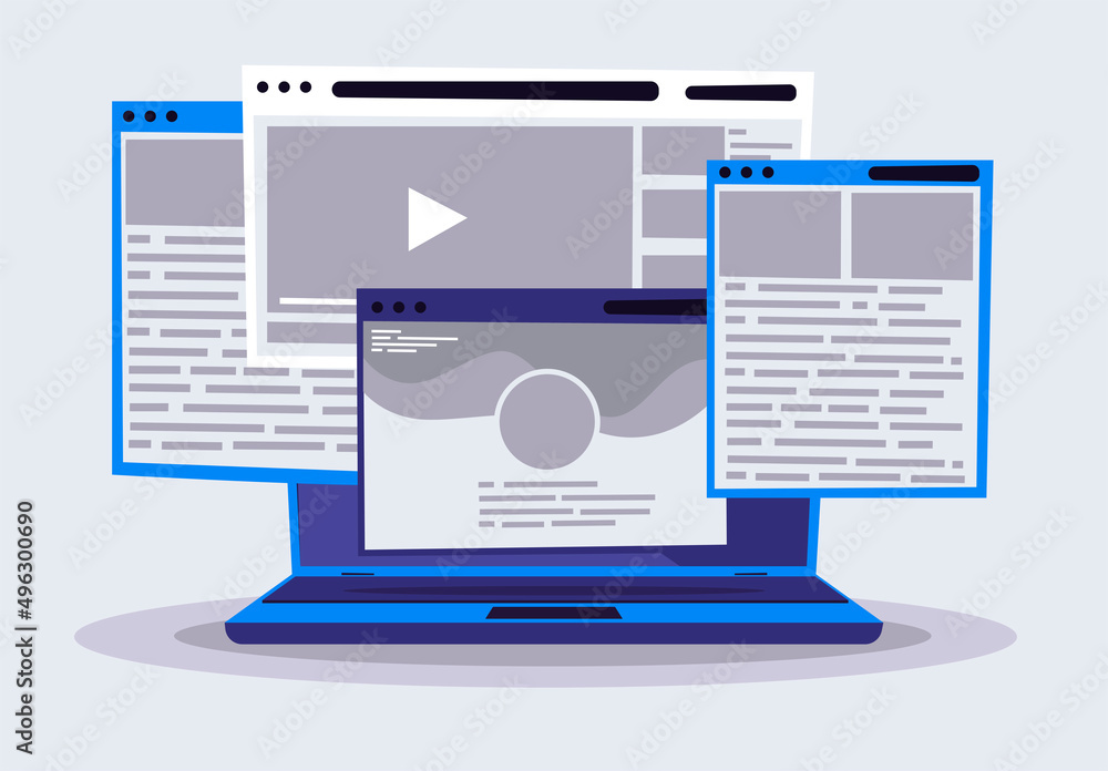 Poster vector illustration of an open laptop with open web browser windows
