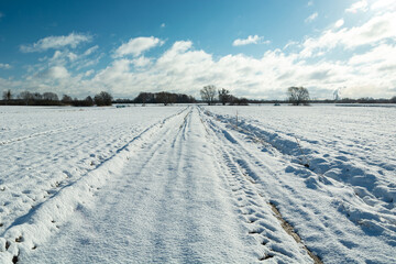 Snow-covered rural road and farmland, sunny day