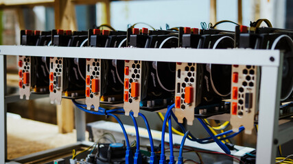 Bitcoin and crypto mining computer machines in a big data center. DIY servers at work