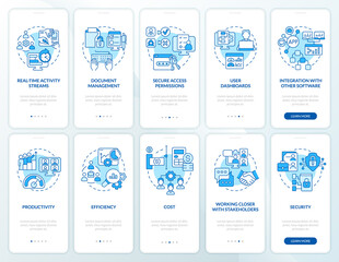 Online workplace blue onboarding mobile app screen set. Virtual office walkthrough 5 steps graphic instructions pages with linear concepts. UI, UX, GUI template. Myriad Pro-Bold, Regular fonts used
