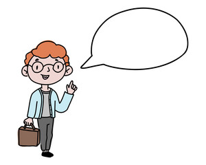 The teacher speaks in class, explains. A smart person on an isolated background for text.