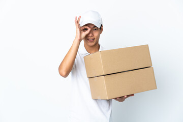 Delivery Chinese man isolated on white background showing ok sign with fingers