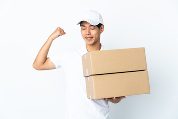 Delivery Chinese man isolated on white background doing strong gesture