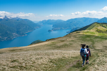 Fototapeta na wymiar Trekking scene on Lake Como Alps