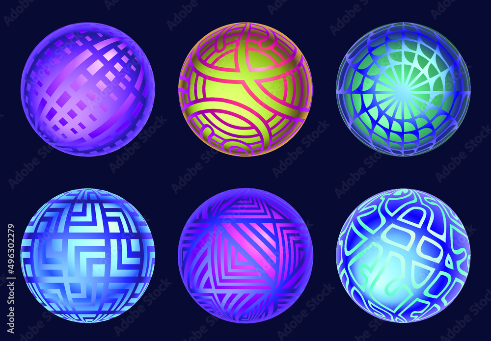Poster magic sphere collection. set of mistic vector balls isolated on dark background. abstract mysterious