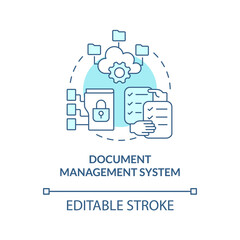 Document management system turquoise concept icon. Tool for online workplace abstract idea thin line illustration. Isolated outline drawing. Editable stroke. Arial, Myriad Pro-Bold fonts used