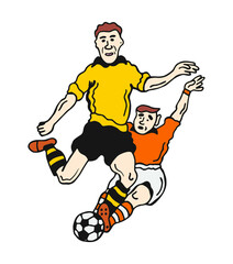  Conceptual illustration of two  football player fighting for the ball at the game. Two football players. Play football.
