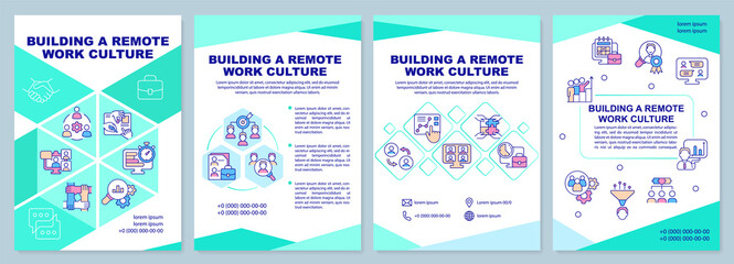 Building remote work culture mint brochure template. Online office. Leaflet design with linear icons. 4 vector layouts for presentation, annual reports. Arial-Black, Myriad Pro-Regular fonts used