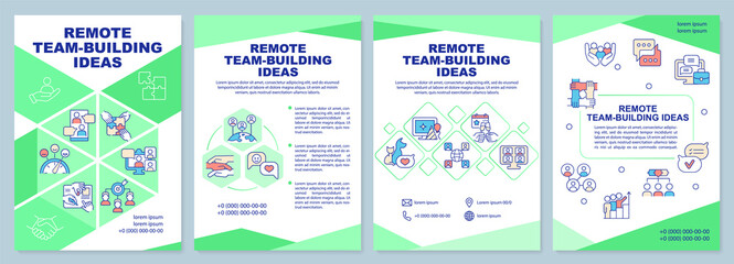 Obraz premium Remote teambuilding ideas green brochure template. Online cooperation. Leaflet design with linear icons. 4 vector layouts for presentation, annual reports. Arial-Black, Myriad Pro-Regular fonts used