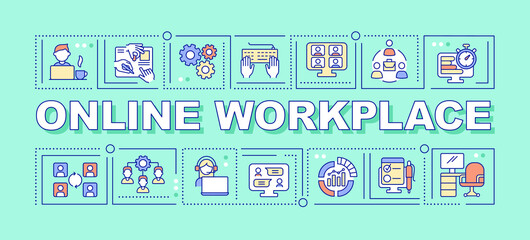 Online workplace word concepts mint banner. Virtual office advantages. Infographics with icons on color background. Isolated typography. Vector illustration with text. Arial-Black font used