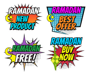 set of ramadan commercial comic bubbles template or islamic ramadan kareem banner for poster and advertising or vintage islamic banner for lebaran (islamic greeting ied). eps vector