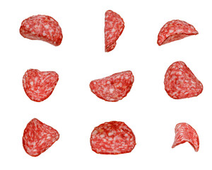 set of slices of servelat sausage isolated on white background