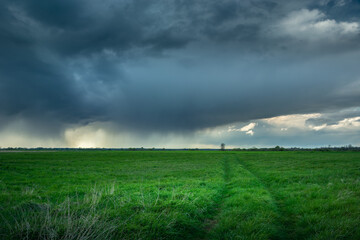 Fototapeta na wymiar The road through the meadow and the rainy dark cloud, Czulczyce, Poland