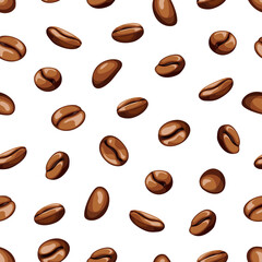 Seamless pattern of falling roasted coffee beans on a white background