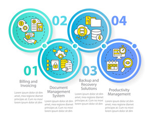 Tools for virtual workplace circle infographic template. Virtual office. Data visualization with 4 steps. Process timeline info chart. Workflow layout with line icons. Myriad Pro-Regular font used