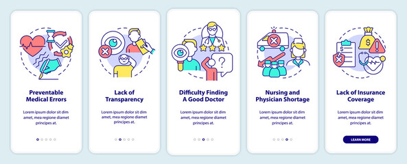 Major healthcare problems onboarding mobile app screen. Physician deficit walkthrough 5 steps graphic instructions pages with linear concepts. UI, UX, GUI template. Myriad Pro-Bold, Regular fonts used