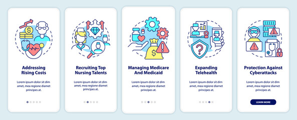 Healthcare difficulties onboarding mobile app screen. Rising costs walkthrough 5 steps graphic instructions pages with linear concepts. UI, UX, GUI template. Myriad Pro-Bold, Regular fonts used