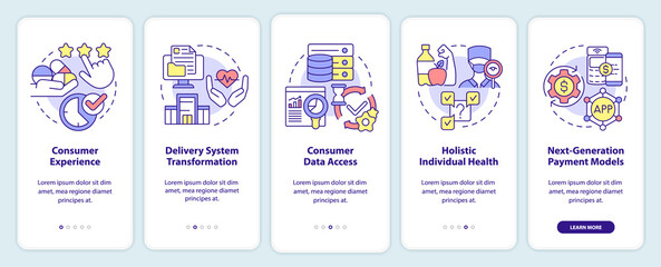 Naklejka premium Healthcare issues onboarding mobile app screen. Holistic medicine walkthrough 5 steps graphic instructions pages with linear concepts. UI, UX, GUI template. Myriad Pro-Bold, Regular fonts used