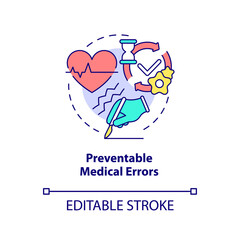 Preventable medical errors concept icon. Major healthcare problem abstract idea thin line illustration. Insurance costs. Isolated outline drawing. Editable stroke. Arial, Myriad Pro-Bold fonts used