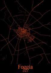 Black and orange halloween map of Foggia Italy.This map contains geographic lines for main and secondary roads.