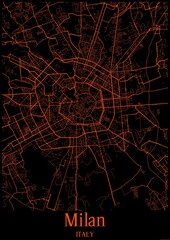Black and orange halloween map of Milan Italy.This map contains geographic lines for main and secondary roads.