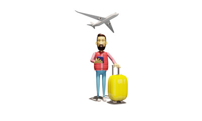3d render. Cartoon character tourist traveler stands with a yellow suitcase and looks into the phone