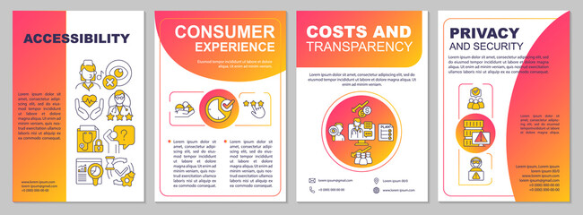 Health care service quality aspects red gradient brochure template. Leaflet design with linear icons. 4 vector layouts for presentation, annual reports. Arial, Myriad Pro-Regular fonts used