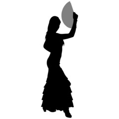Black silhouette of flamenco dancer in beautiful dress with fan in her hand