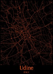 Black and orange halloween map of Udine Italy.This map contains geographic lines for main and secondary roads.