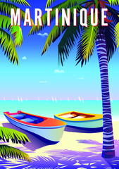 Martinique travel poster. Beautiful landscape with boats, beach, palms and sea in the background. Handmade drawing vector illustration. - obrazy, fototapety, plakaty