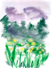 Abstract handmade watercolor landscape. Pre-storm evening background and bright yellow spots of delicate wildflowers in the foreground. A calm summer atmosphere for relaxation and a positive attitude.
