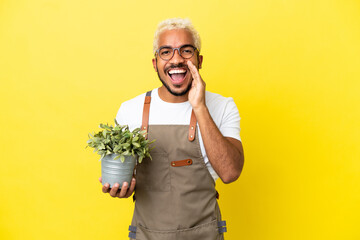 Young Colombian man holding a plant isolated on yellow background shouting with mouth wide open