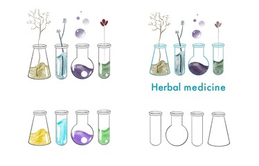 Watercolour illustration laboratory glassware alternative medicine set Isolated on white background 