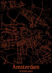 Black and orange halloween map of Amsterdam Netherlands.This map contains geographic lines for main and secondary roads.