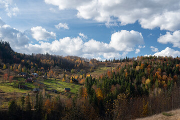 Amazing mountains village panorama during the golden hour on a beautiful October day. The shot was made in Ukraine